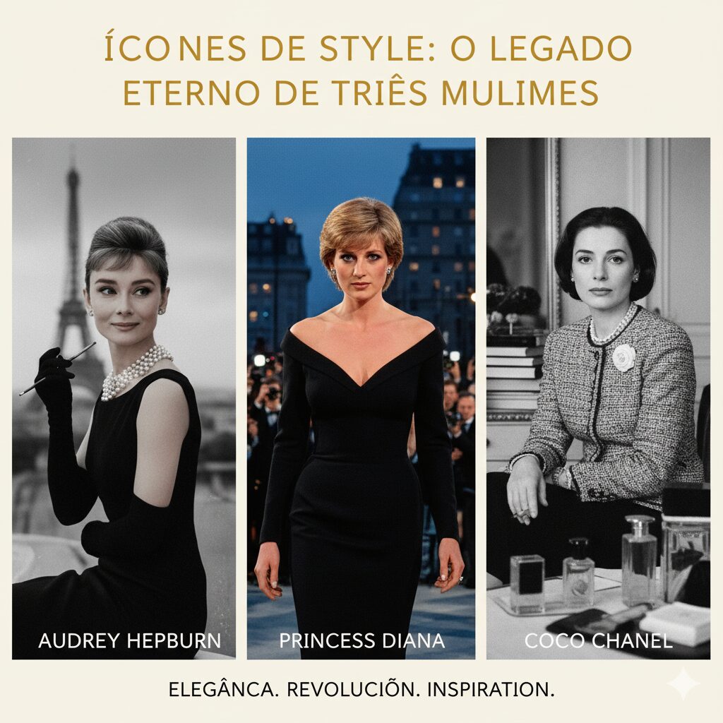 Três imagens em preto e branco de ícones da moda: Audrey Hepburn, Princesa Diana e Coco Chanel, destacando seus estilos clássicos e influentes.
