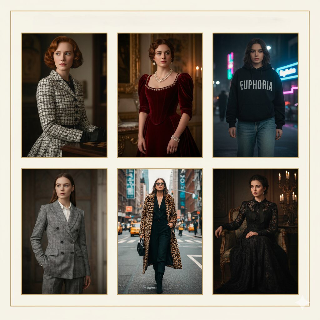 Conclusão: Do Ecrã para o Seu Guarda-Roupa Pessoal Mulher em uma sala de estar moderna, assistindo a uma série de moda no laptop, enquanto um cabideiro ao lado exibe roupas inspiradas no estilo da série.