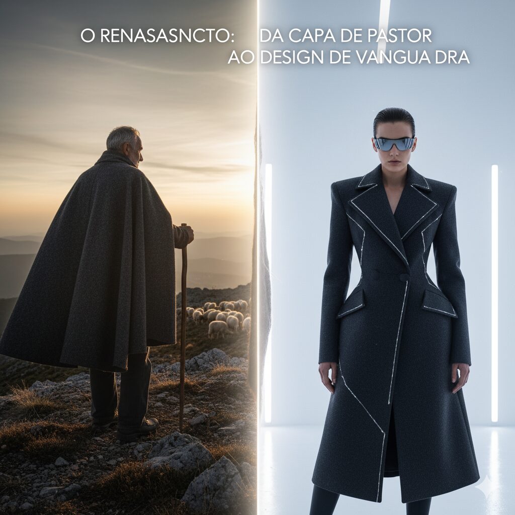 Uma imagem dividida verticalmente. À esquerda, um pastor idoso de costas, usando uma capa tradicional cinza escura, observa um rebanho de ovelhas numa paisagem montanhosa ao pôr do sol. À direita, uma modelo em um estúdio moderno e minimalista, vestindo um casaco de design de vanguarda cinza escuro com ombreiras proeminentes e detalhes prateados, em frente a luzes LED verticais.