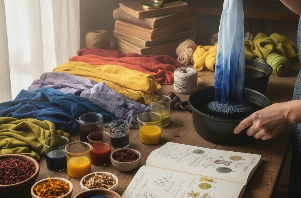 Rolos de tecidos de várias cores vivas, empilhados, a ilustrar o processo de tingimento têxtil no Ateliê Mil Agulhas.