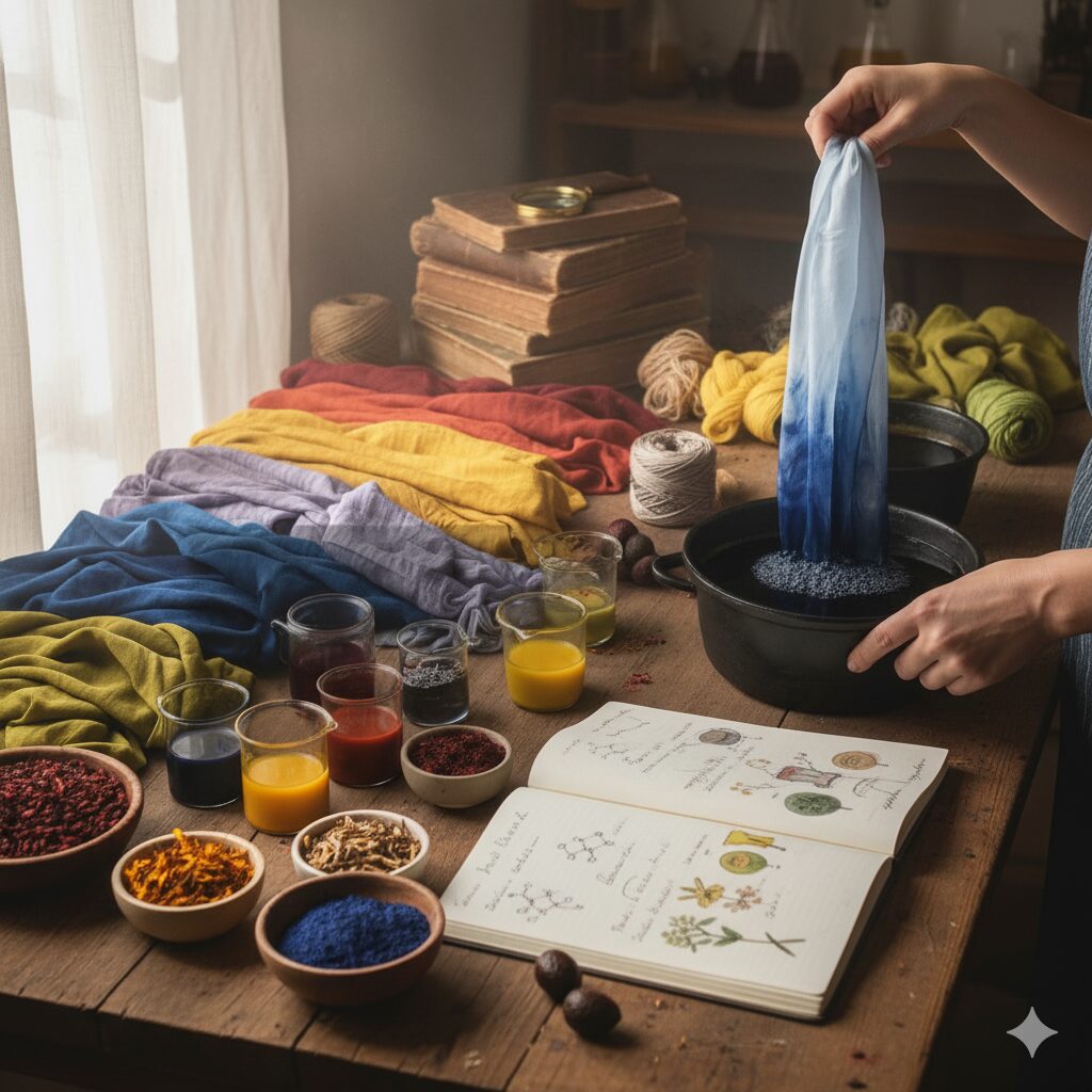 Rolos de tecidos de várias cores vivas, empilhados, a ilustrar o processo de tingimento têxtil no Ateliê Mil Agulhas.