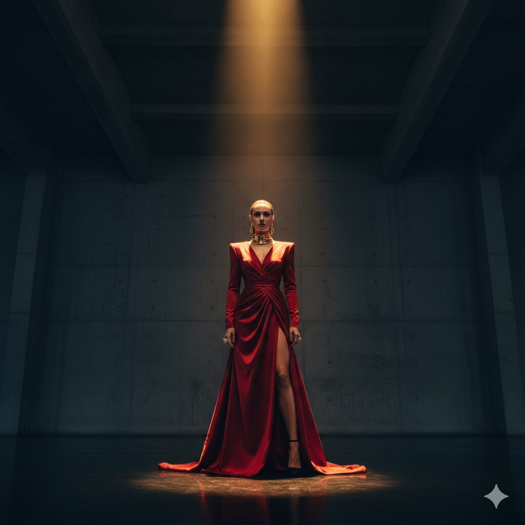 O Vermelho Cereja: A Cor do Poder Uma mulher poderosa em um vestido vermelho cereja elegante, com uma fenda alta, iluminada por um foco de luz dourada em um cenário minimalista.