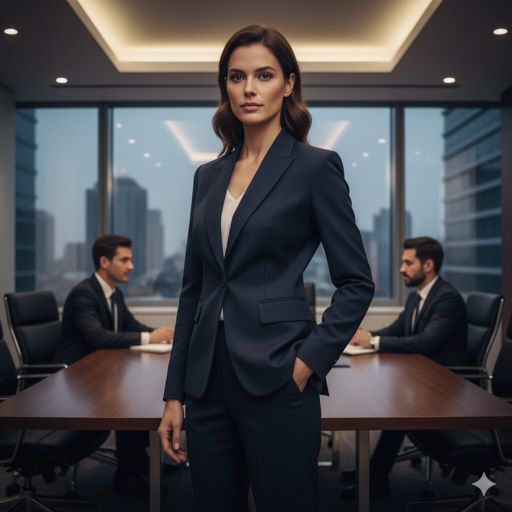 A Alfaiataria Afiada: O Poder do Corte Uma mulher profissional em um elegante terno azul marinho bem cortado, em pé com confiança em uma sala de reuniões moderna, com dois homens ao fundo.