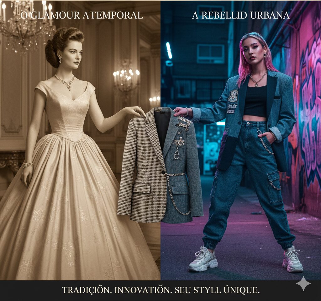 Colagem de moda comparando o glamour dos anos 50, com uma mulher em vestido elegante, e o estilo grunge dos anos 90, com uma mulher em jeans rasgados e xadrez.