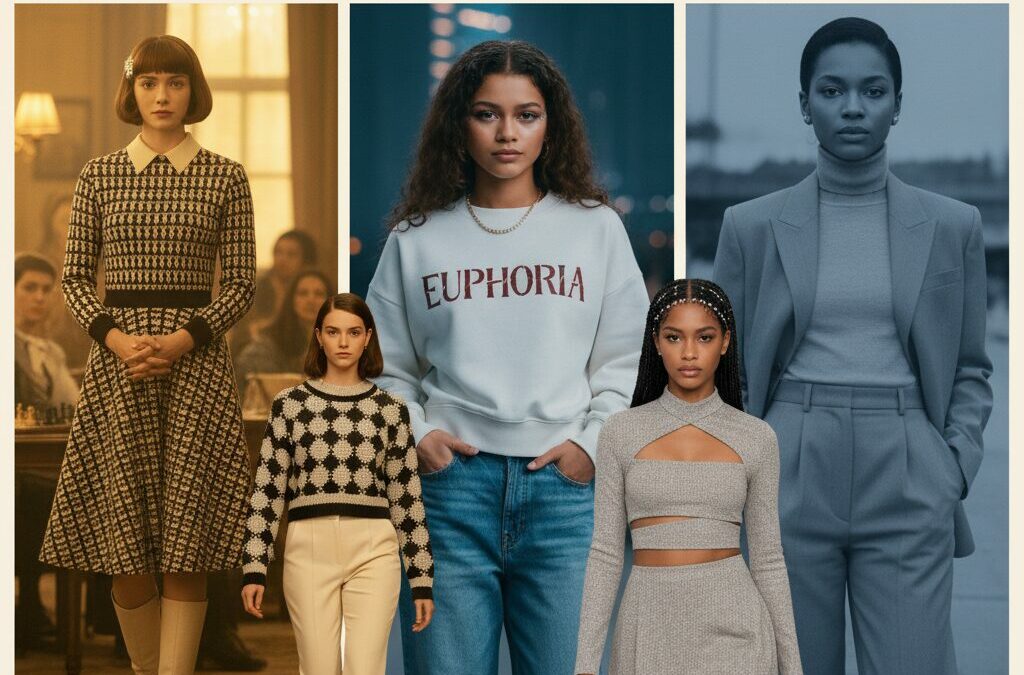 Uma colagem de seis imagens com personagens e estilos de séries populares como "O Gambito da Rainha" (The Queen's Gambit), "Euphoria" e vestuários de alfaiataria, mostrando a influência da moda na tela.