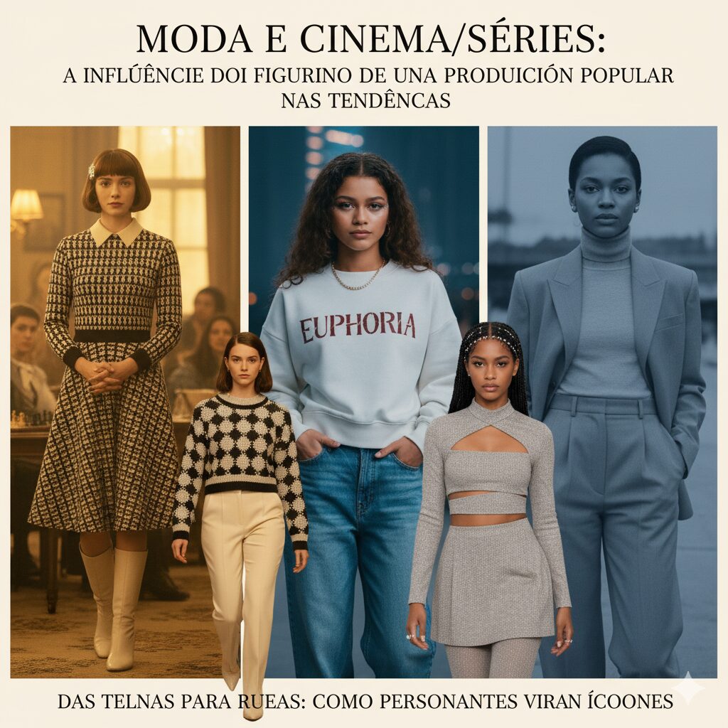 Uma colagem de seis imagens com personagens e estilos de séries populares como "O Gambito da Rainha" (The Queen's Gambit), "Euphoria" e vestuários de alfaiataria, mostrando a influência da moda na tela.