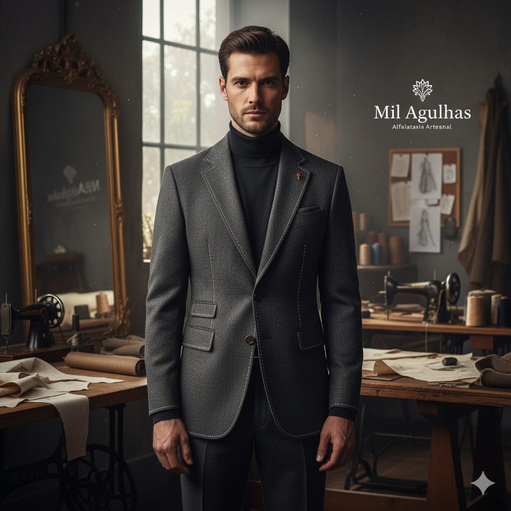 Um homem elegante usando um terno de lã cinza escuro sobre uma gola alta preta, posando com seriedade em uma alfaiataria tradicional. Ao fundo, mesas de trabalho com máquinas de costura antigas, tecidos, moldes e um espelho dourado refletem o ambiente artesanal. O logo "Mil Agulhas Alfaiataria Artesanal" está visível no canto superior direito.