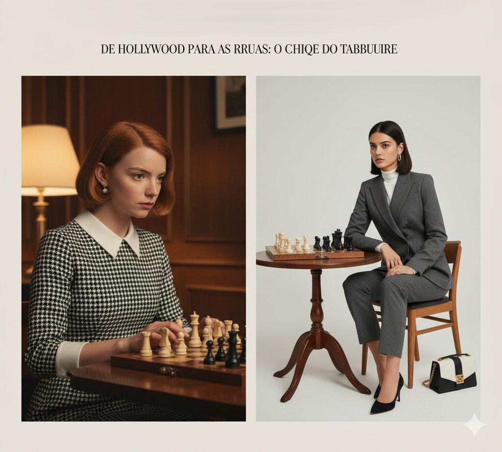 Caso de Estudo 3: The Queen's Gambit (2020) e a Elegância Intelectual Mulher com cabelo ruivo e casaco xadrez, estilo anos 60, sentada em frente a um tabuleiro de xadrez, com olhar focado, remetendo a "O Gambito da Rainha".