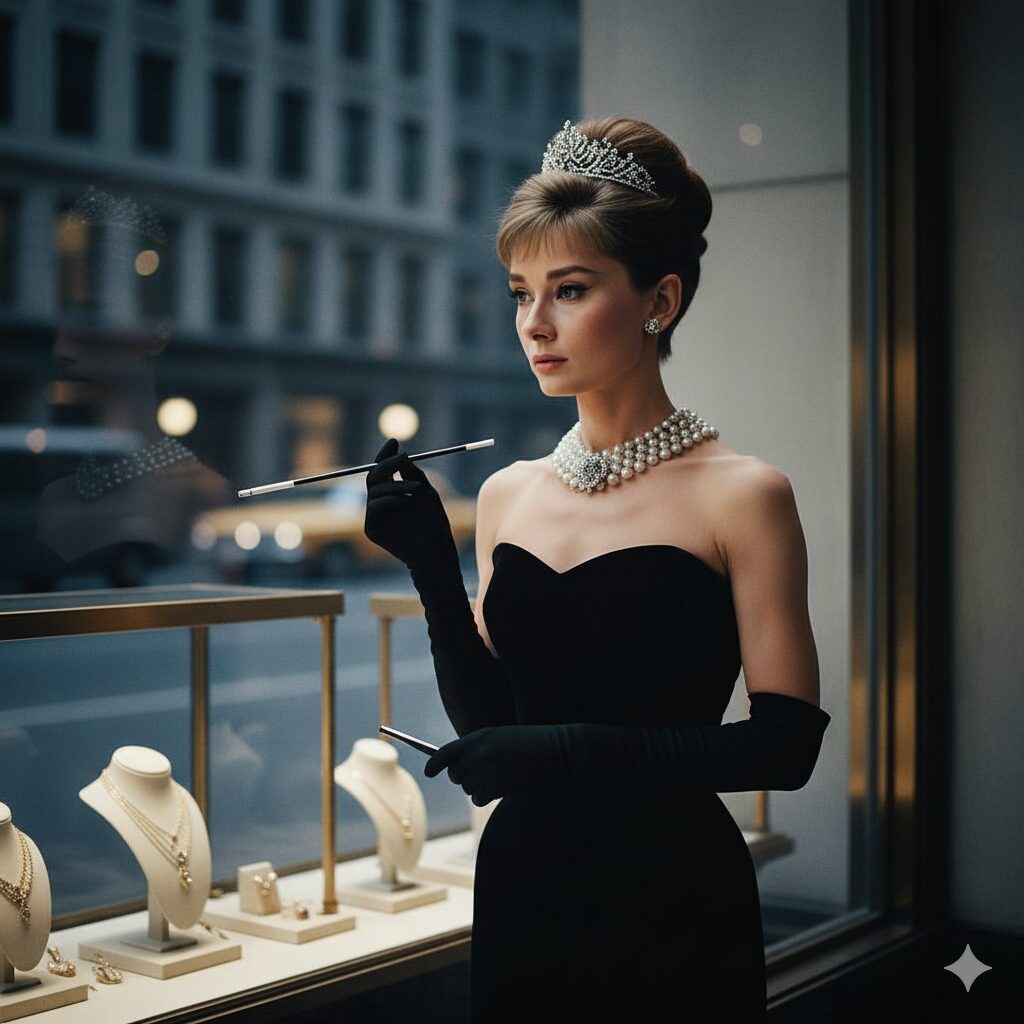 Audrey Hepburn: A Elegância Minimalista Uma mulher que se assemelha a Audrey Hepburn, em um vestido preto clássico, tiara e colar de pérolas, olhando para uma vitrine de joias em uma rua da cidade.