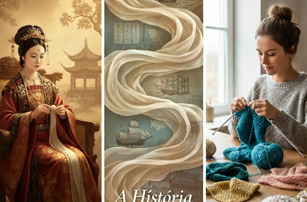 Imagem dividida em três partes. À esquerda, uma imperatriz chinesa em trajes tradicionais sentada e costurando. Ao centro, um tecido de seda esvoaçante com navios antigos no fundo, representando rotas comerciais. À direita, uma mulher moderna tricotando com agulhas e lã.