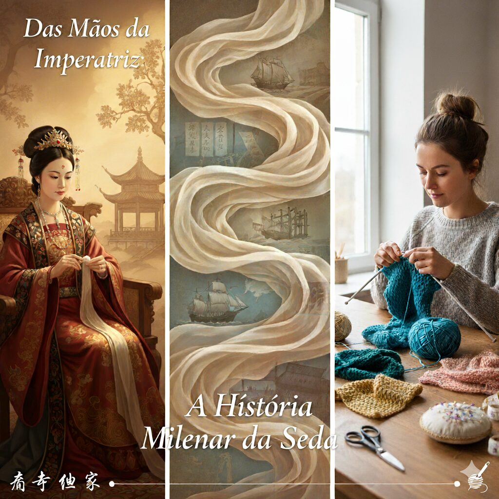 Imagem dividida em três partes. À esquerda, uma imperatriz chinesa em trajes tradicionais sentada e costurando. Ao centro, um tecido de seda esvoaçante com navios antigos no fundo, representando rotas comerciais. À direita, uma mulher moderna tricotando com agulhas e lã.