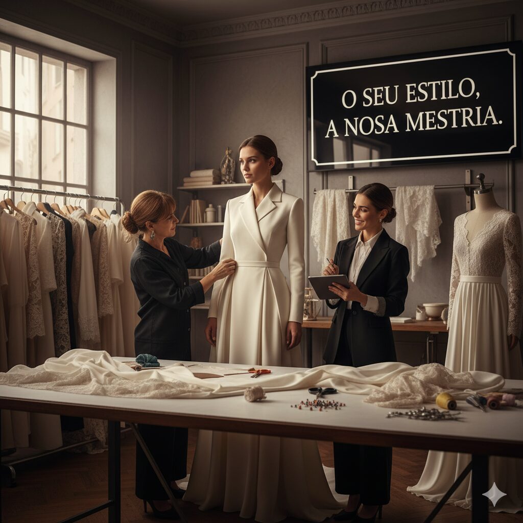O Seu Estilo, a Nossa Mestria Uma estilista experiente ajustando um vestido de alta costura branco em uma modelo, enquanto uma assistente anota detalhes em um atelier de moda com amostras e manequins.