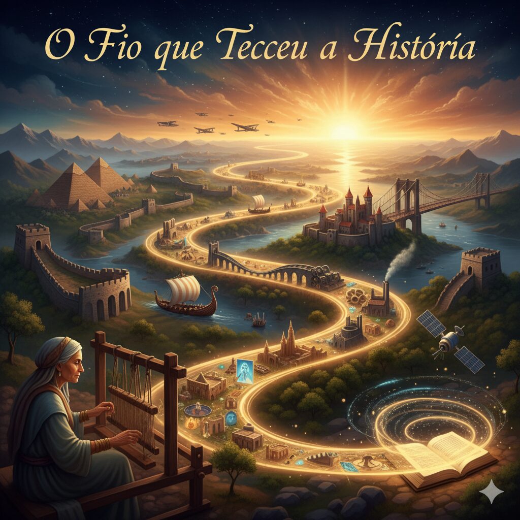O Fio que Tecceu a História Uma paisagem fantástica onde um fio dourado e brilhante serpenteia através de diferentes épocas da história. O fio começa com uma mulher em um tear antigo e passa por pirâmides, castelos medievais, cidades industriais e tecnologia moderna, terminando em um livro aberto. Acima, o sol nasce sobre um rio, e aeronaves e satélites povoam o céu.
