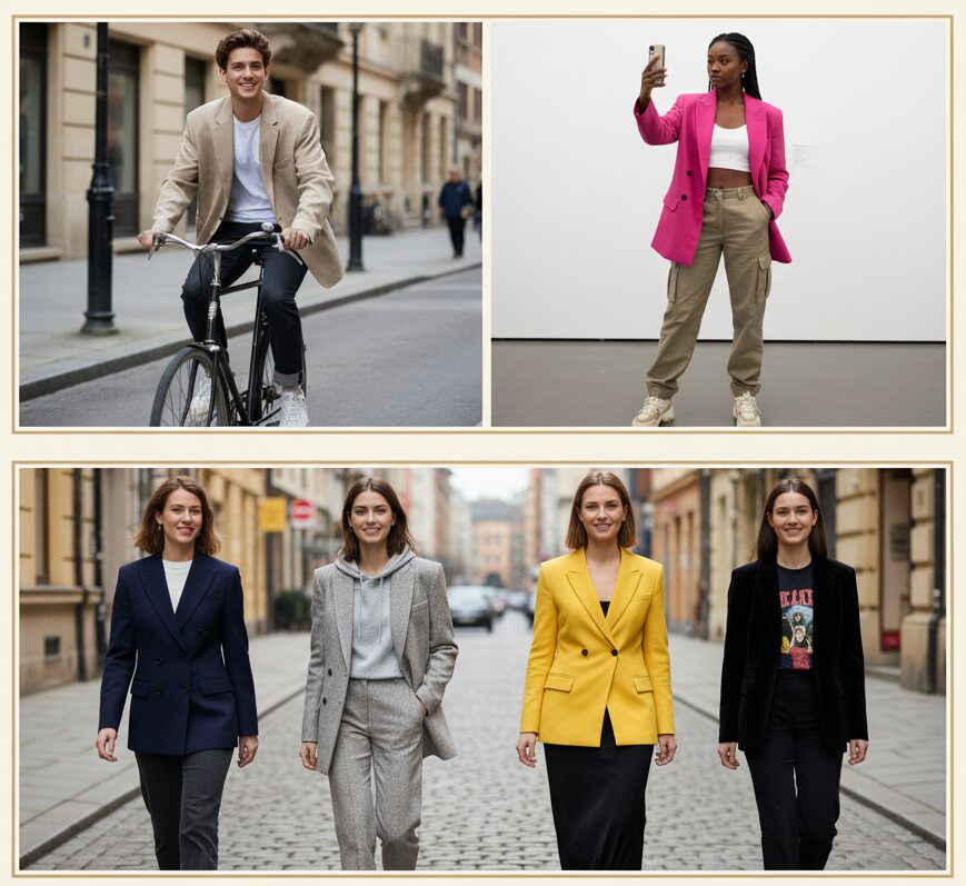 Fase 4: O Presente (A Peça Universal) Quatro imagens mostram o blazer em diferentes estilos modernos: um homem de bicicleta, uma mulher tirando uma selfie com blazer rosa, e um grupo de mulheres caminhando com blazers em diversos looks casuais e elegantes.