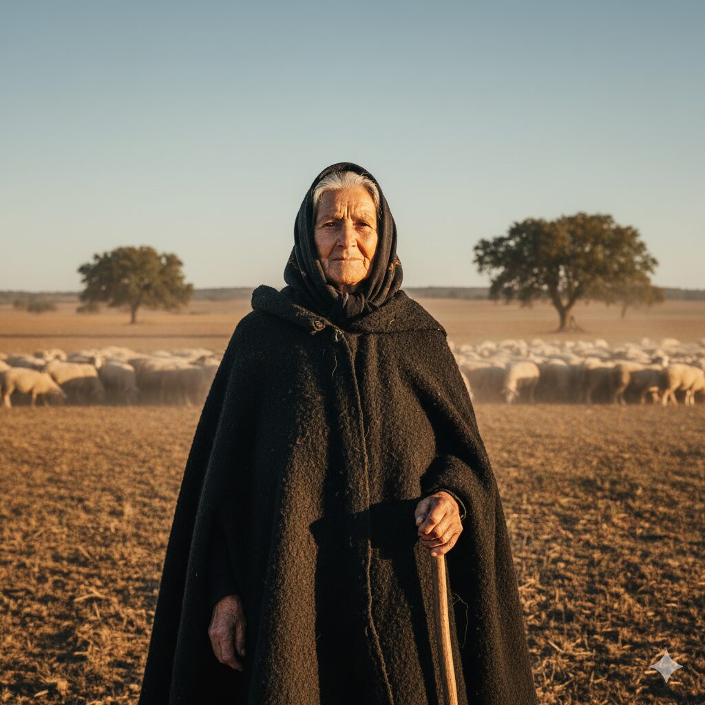 Nascida da Planície: Uma Resposta ao Clima Uma pastora idosa com um lenço escuro na cabeça e uma capa de lã preta tradicional, em pé num campo árido com um cajado. Ao fundo, um rebanho de ovelhas e algumas árvores esparsas sob um céu claro e um sol baixo.