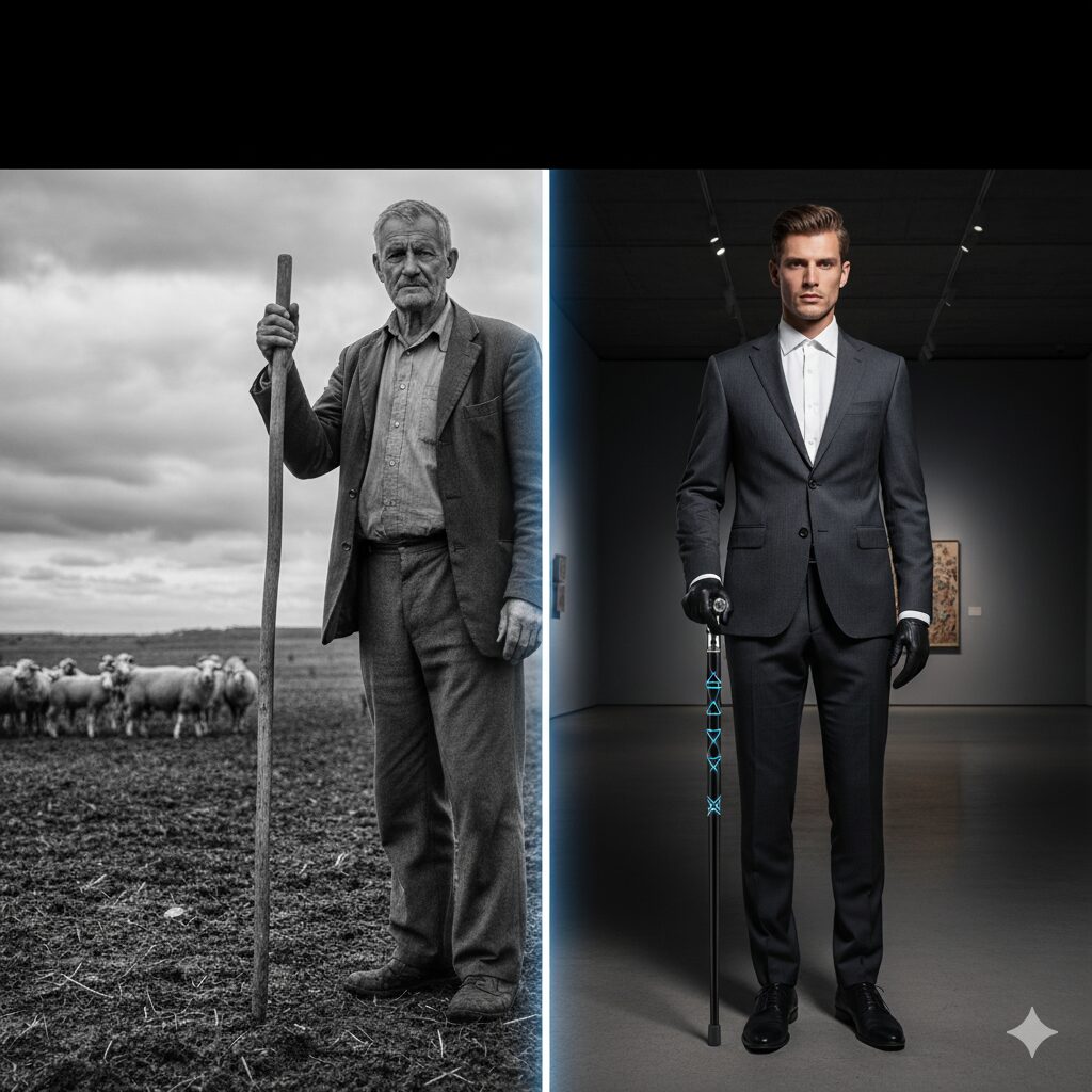 De Ferramenta de Trabalho a Símbolo de Estatuto e Identidade Uma díptica contrastante. À esquerda, uma fotografia em preto e branco de um idoso pastor rústico, segurando um cajado simples, em um campo com ovelhas ao fundo. À direita, uma fotografia colorida de um homem jovem e elegante, vestindo um terno cinza, luvas pretas e segurando uma bengala futurista com detalhes azuis luminosos, em um ambiente de galeria de arte moderna.