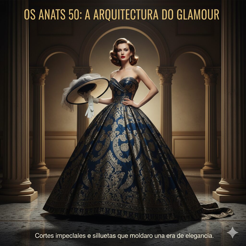 Mulher elegante em um grandioso vestido de baile dos anos 50 azul e dourado, com chapéu, luvas e batom vermelho, posando em um salão clássico.