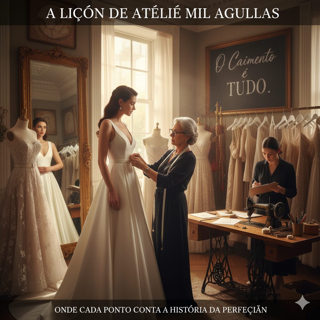 A Lição do Ateliê Mil Agulhas: O Caimento é TUDO  Uma estilista em um ateliê de costura fazendo ajustes finos em um blazer bege de uma cliente para garantir um caimento perfeito.