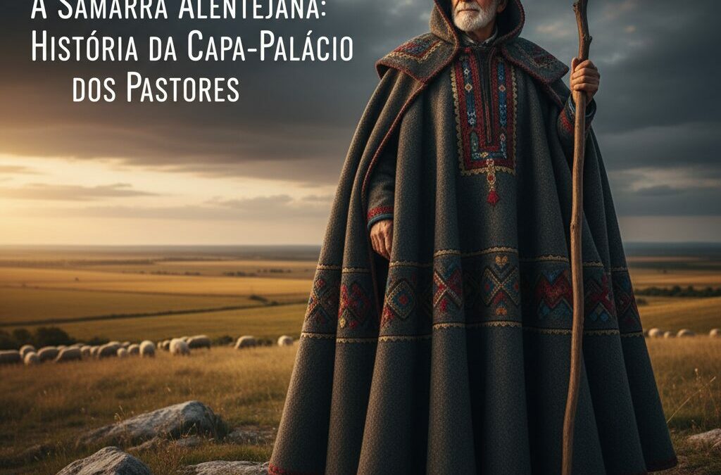 Um pastor idoso e barbudo, vestido com uma imponente samarra alentejana escura e ricamente bordada, posa com um cajado robusto em uma paisagem rural. Ao fundo, um vasto campo com um rebanho de ovelhas e um pôr do sol dourado sob um céu parcialmente nublado. O título "A Samarra Alentejana: História da Capa-Palácio dos Pastores" flutua no canto superior esquerdo.