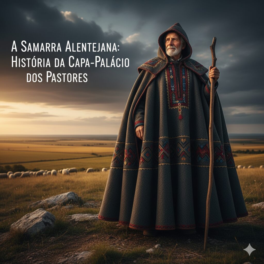 Um pastor idoso e barbudo, vestido com uma imponente samarra alentejana escura e ricamente bordada, posa com um cajado robusto em uma paisagem rural. Ao fundo, um vasto campo com um rebanho de ovelhas e um pôr do sol dourado sob um céu parcialmente nublado. O título "A Samarra Alentejana: História da Capa-Palácio dos Pastores" flutua no canto superior esquerdo.