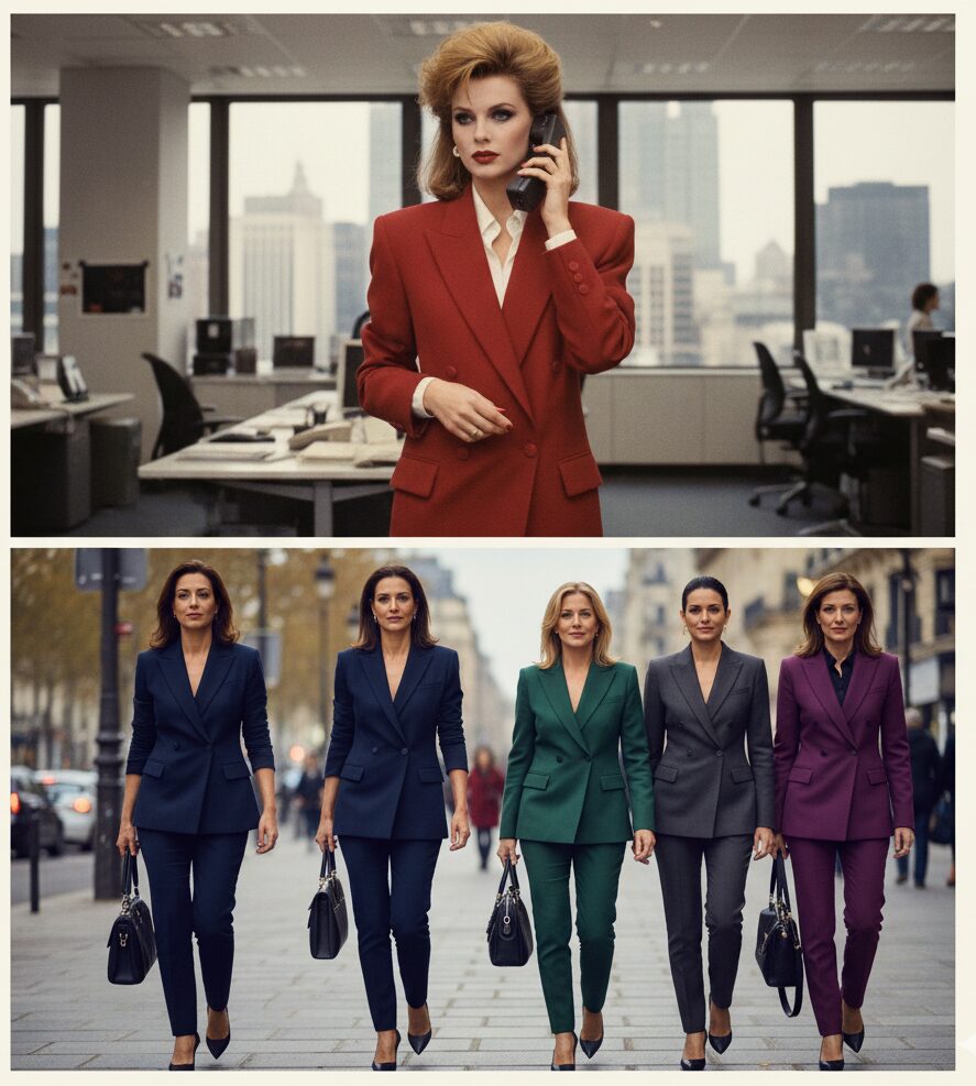Fase 3: O Poder (Anos 80 e o 'Power Dressing') Duas imagens: uma mulher em um blazer vermelho dos anos 80 falando ao telefone em um escritório, e um grupo de mulheres em ternos coloridos caminhando com confiança em uma rua.