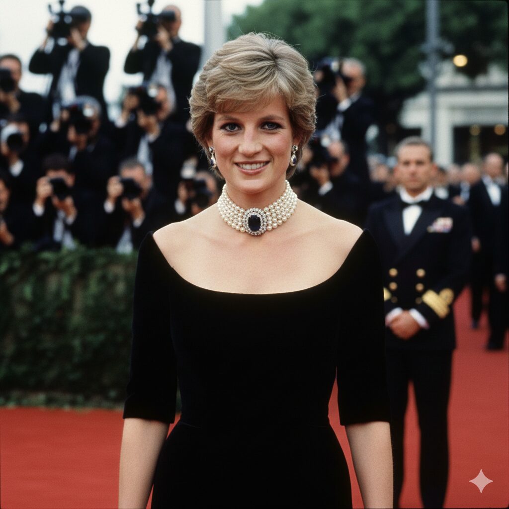Princesa Diana: O Poder da Comunicação Através da Roupa Princesa Diana sorrindo em um elegante vestido preto de ombros nus e um colar de pérolas com uma safira central, caminhando em um tapete vermelho.