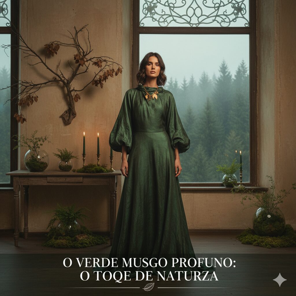 O Verde Musgo Profundo: O Toque de Natureza  Uma mulher vestindo um elegante vestido verde musgo, em um ambiente com grandes janelas que se abrem para uma floresta nebulosa.