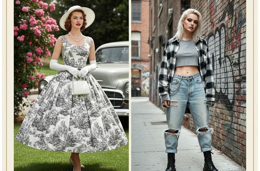 Duas imagens lado a lado: uma mulher elegante em um vestido Dior dos anos 50, e uma jovem com estilo grunge dos anos 90 em jeans, camisa xadrez e botas.