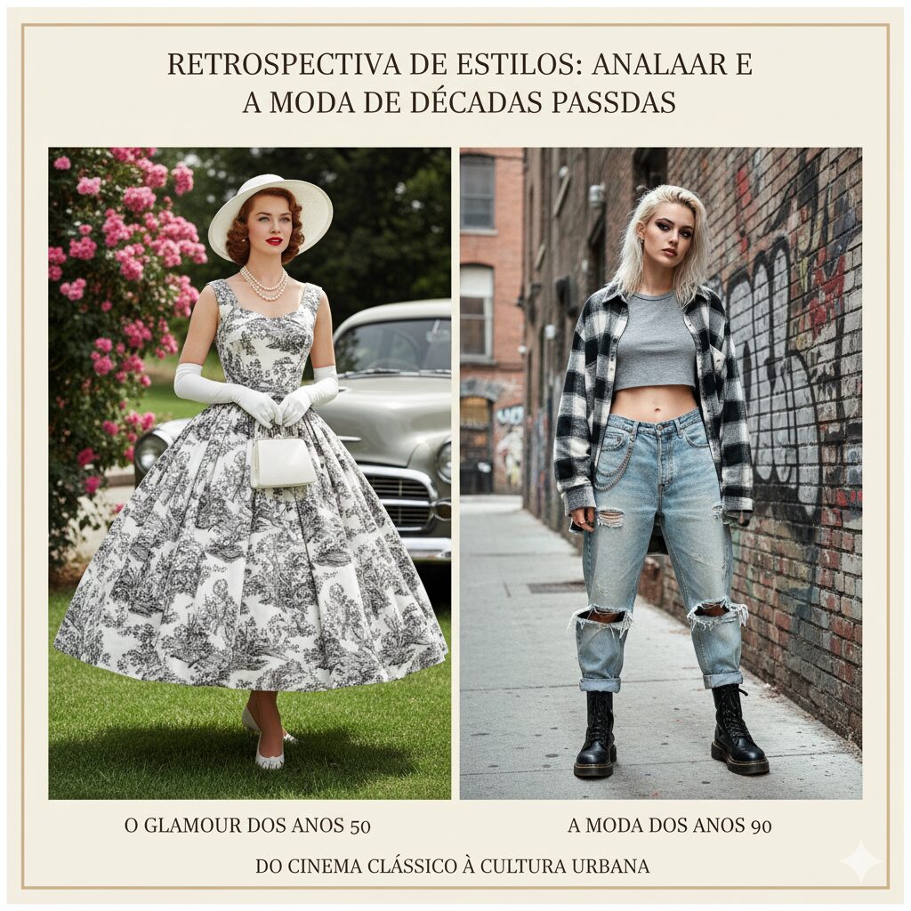 Duas imagens lado a lado: uma mulher elegante em um vestido Dior dos anos 50, e uma jovem com estilo grunge dos anos 90 em jeans, camisa xadrez e botas.