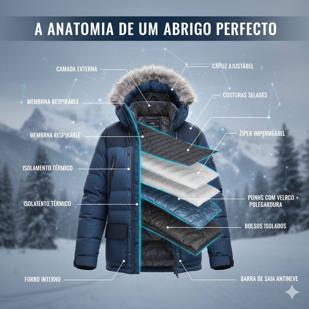 A Anatomia de um Abrigo Perfeito Uma jaqueta de inverno azul marinho com capuz de pele, apresentada em um ambiente nevado. Uma seção transversal da jaqueta é exibida, mostrando suas múltiplas camadas internas: camada externa, membrana respirável, isolamento térmico, outra camada de isolamento térmico, forro interno, e bolsos isolados. Setas e legendas apontam para as características da jaqueta, como capuz ajustável, costuras seladas, zíper impermeável, punhos com velcro e polegadura, e barra de saia antineve. O título "A Anatomia de um Abrigo Perfeito" está no topo.