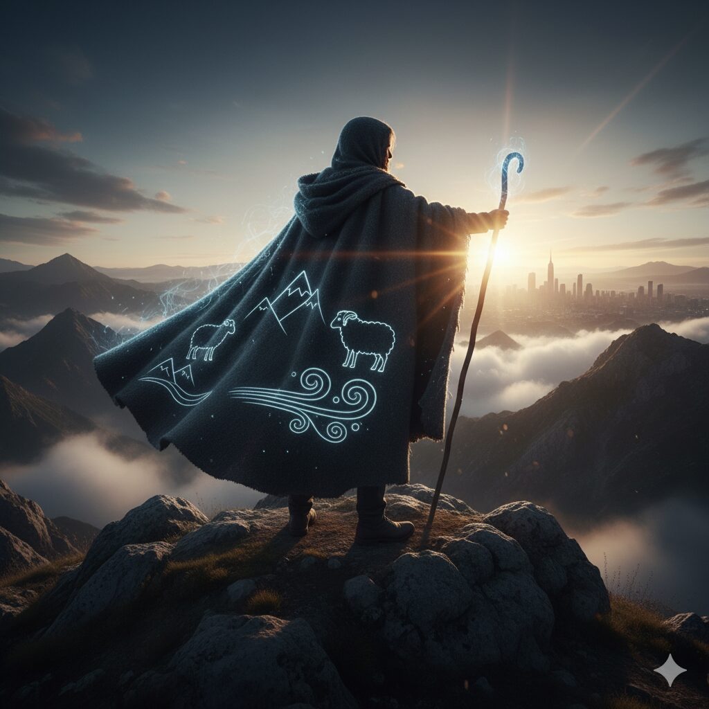 Um pastor místico, de costas para o observador, em pé no topo de uma montanha rochosa, observando o nascer ou pôr do sol sobre um vale nublado e uma cidade distante no horizonte. Ele veste uma capa escura com padrões luminosos azuis de ovelhas, montanhas e redemoinhos, que irradiam uma aura de energia. Segura um cajado que brilha na ponta.