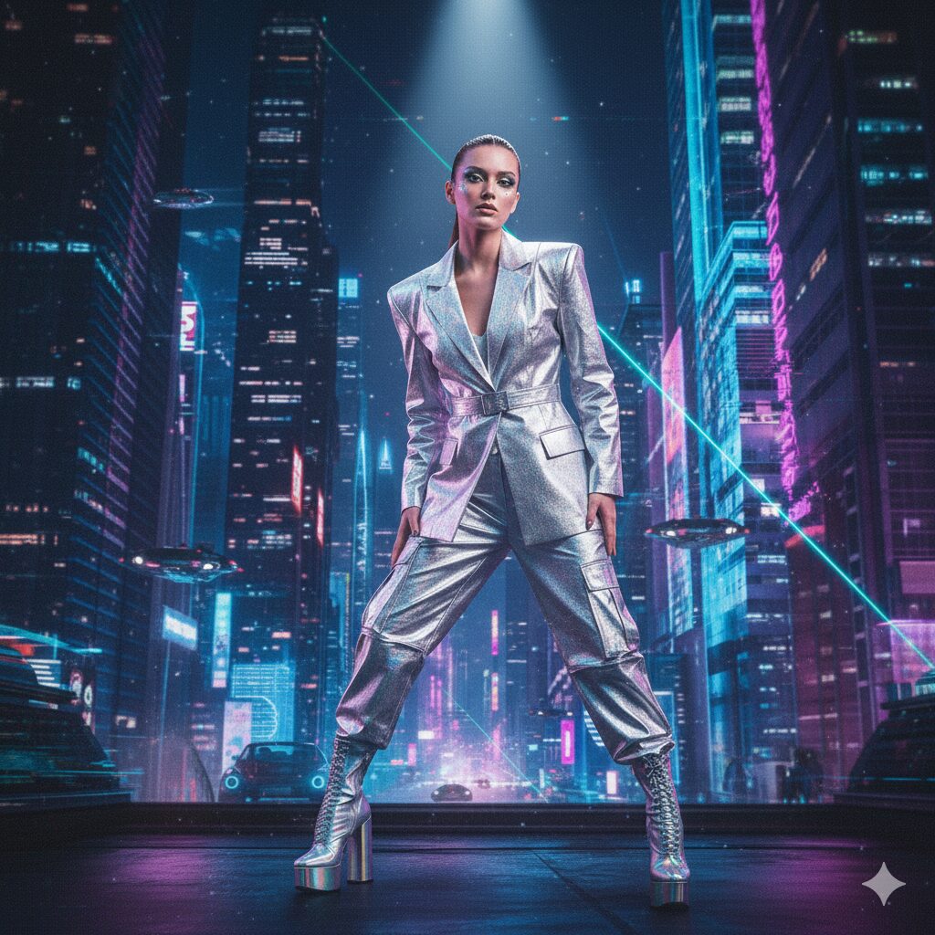 Gemini_GeAO Prateado Metalizado: O Futuro é Agoranerated_Image_u0srw1u0srw1u0sr Uma mulher futurista em um traje metálico prateado, posando com confiança em uma paisagem urbana noturna iluminada por neon e veículos voadores.
