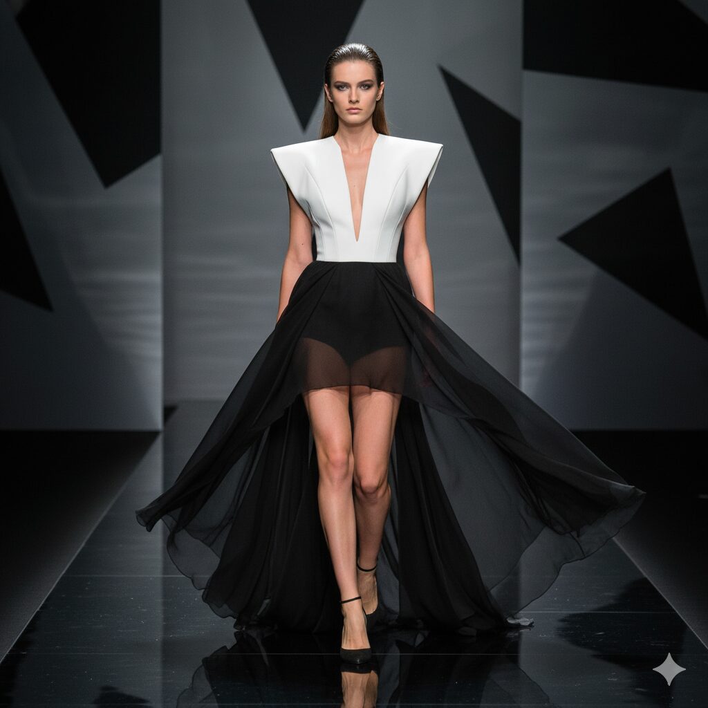 A Silhueta em Foco – Estrutura e Fluidez Modelo em passarela, vestindo um vestido de alta costura preto e branco com ombros estruturados e uma saia fluida e transparente.