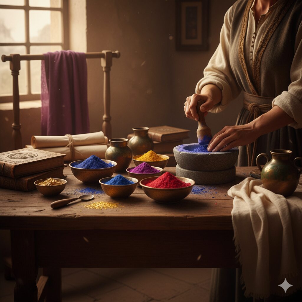 A Arte Milenar: Quando a Cor Valia Mais que Ouro Uma coleção de pigmentos em pó de cores vivas (azul, vermelho, amarelo, roxo) em tigelas de madeira, dispostos sobre uma mesa rústica ao lado de uma balança antiga, moedas de ouro, um almofariz e mapas antigos, ilustrando o valor histórico dos corantes. O logótipo da Maria Têxteis está no canto superior esquerdo.
