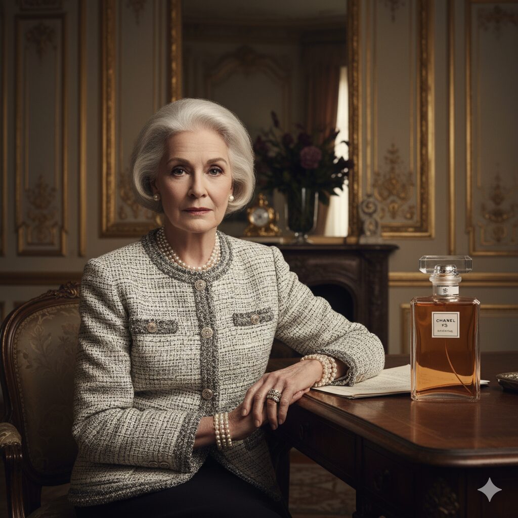 Coco Chanel: A Revolucionária da Simplicidade Uma mulher elegante com cabelo grisalho, vestindo um clássico tailleur de tweed e pérolas, sentada em uma escrivaninha com um frasco de perfume Chanel N°5.