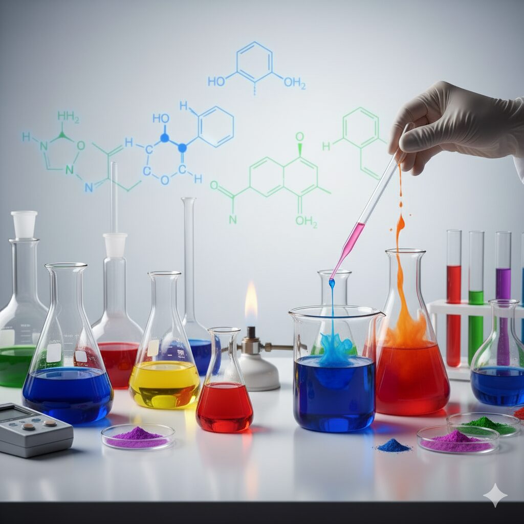 A Ciência: A Química por Detrás da Cor Uma mesa de laboratório com um caderno aberto exibindo fórmulas químicas e ilustrações botânicas, rodeado por béqueres com corantes líquidos coloridos (amarelo, azul, vermelho) e um almofariz, ilustrando a ciência do tingimento.