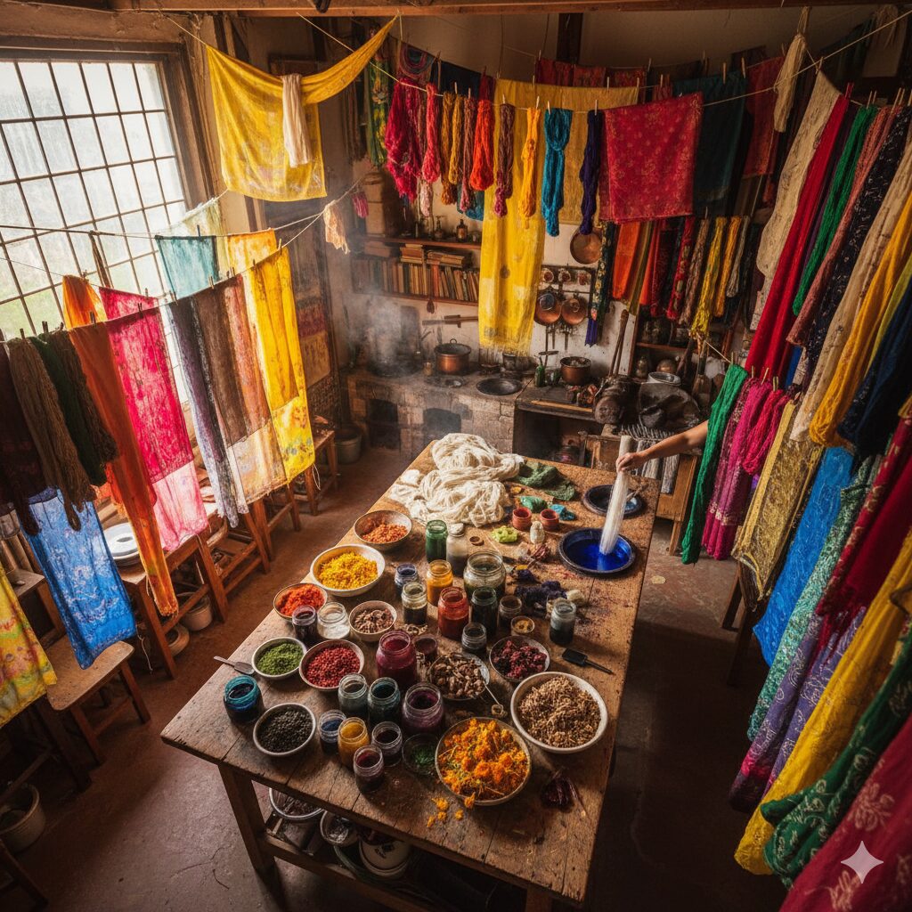 A Paleta Vibrante do Tingimento Tecidos vibrantes em várias cores do arco-íris, pendurados verticalmente uns ao lado dos outros.