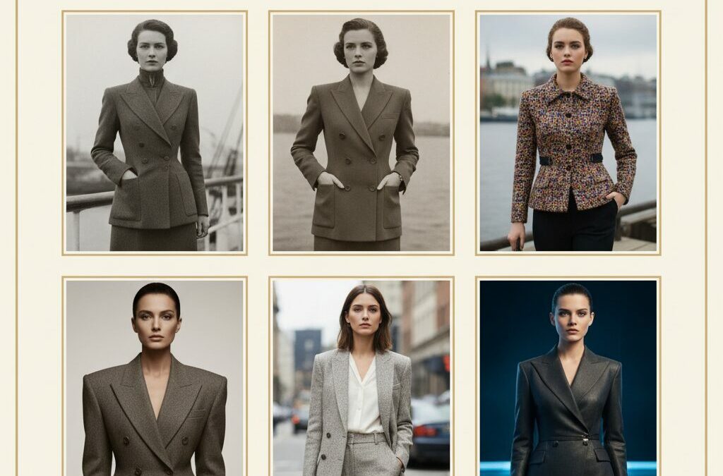 Montagem da evolução do blazer feminino, mostrando um casaco naval, o "Le Smoking" de Yves Saint Laurent e um blazer moderno usado com jeans.