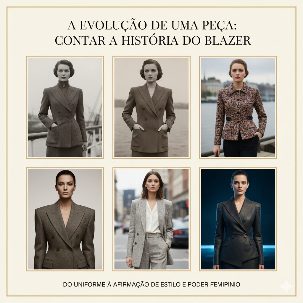 Montagem da evolução do blazer feminino, mostrando um casaco naval, o "Le Smoking" de Yves Saint Laurent e um blazer moderno usado com jeans.