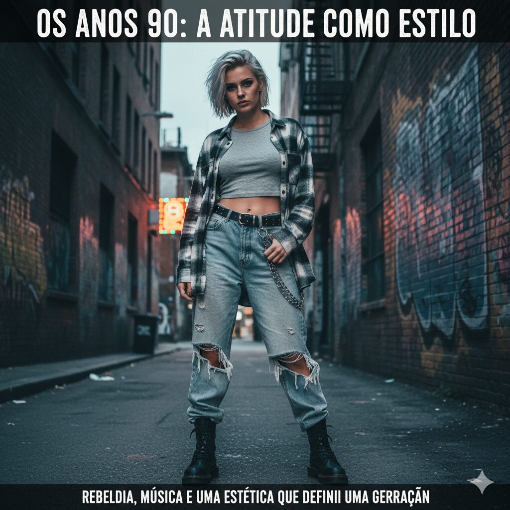 Jovem com cabelo loiro platinado e maquiagem escura, vestindo um look grunge dos anos 90 com camisa xadrez, top curto, jeans rasgados e botas militares, em um beco urbano.