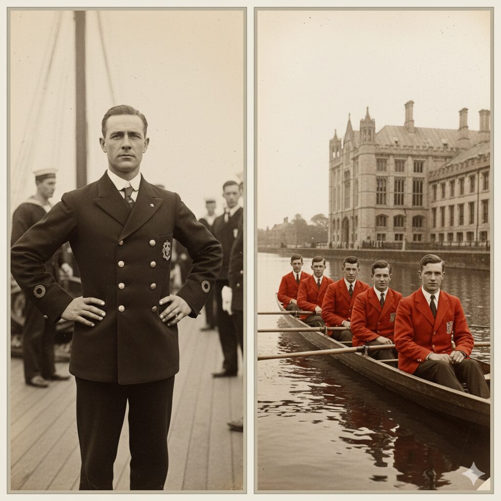 Fase 1: A Origem (O Mar e a Universidade) Duas fotografias vintage em sépia: uma de um oficial da marinha em uniforme, e outra de remadores universitários em blazers vermelhos em um rio com um edifício histórico ao fundo.