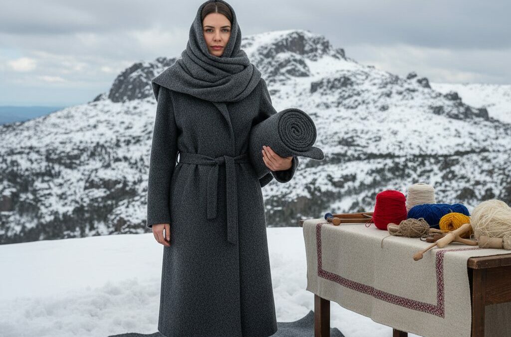 Close-up da textura de um tecido de Burel, mostrando as fibras de lã feltradas que o tornam resistente e impermeável.