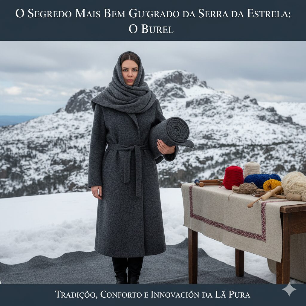 Close-up da textura de um tecido de Burel, mostrando as fibras de lã feltradas que o tornam resistente e impermeável.