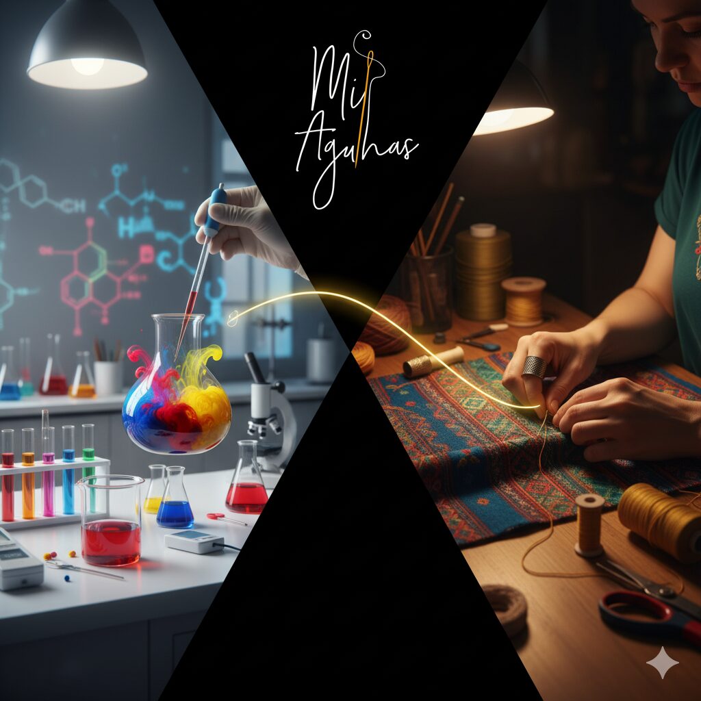 Do Laboratório às Nossas Agulhas: Porque Este Conhecimento Importa Colagem dividida mostrando à esquerda: um laboratório de química com equipamentos e líquidos coloridos, e à direita: mãos costurando um tecido detalhado com linha. O logótipo "Mi Agulhas" está no centro superior.