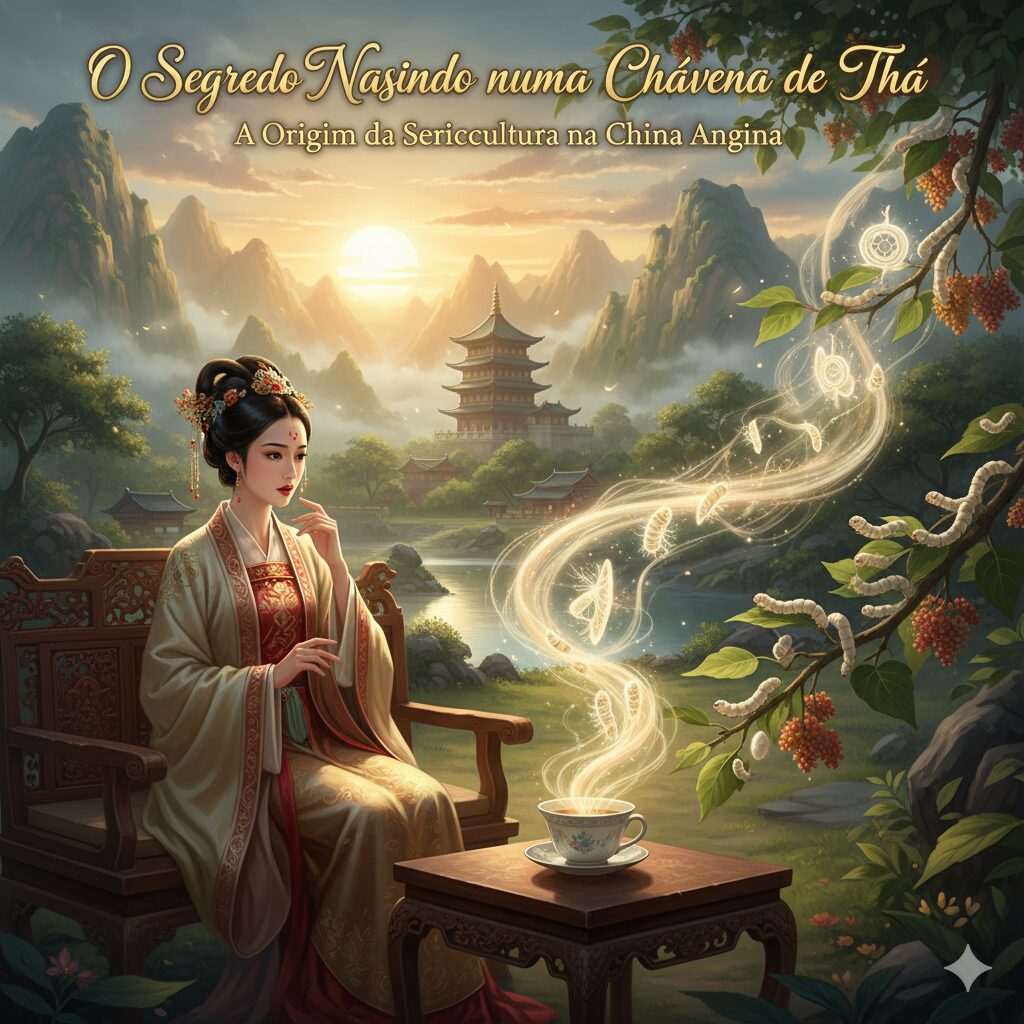 O Segredo Nascido numa Chávena de Chá: A Origem da Sericicultura na China Antiga Uma imagem mística que retrata a lenda da origem da sericicultura. Uma imperatriz chinesa sentada com uma xícara de chá fumegante, de onde emergem casulos de bicho-da-seda luminosos. Ao fundo, uma paisagem montanhosa chinesa com um templo tradicional ao nascer do sol, e ramos de amoreira com bichos-da-seda e folhas.