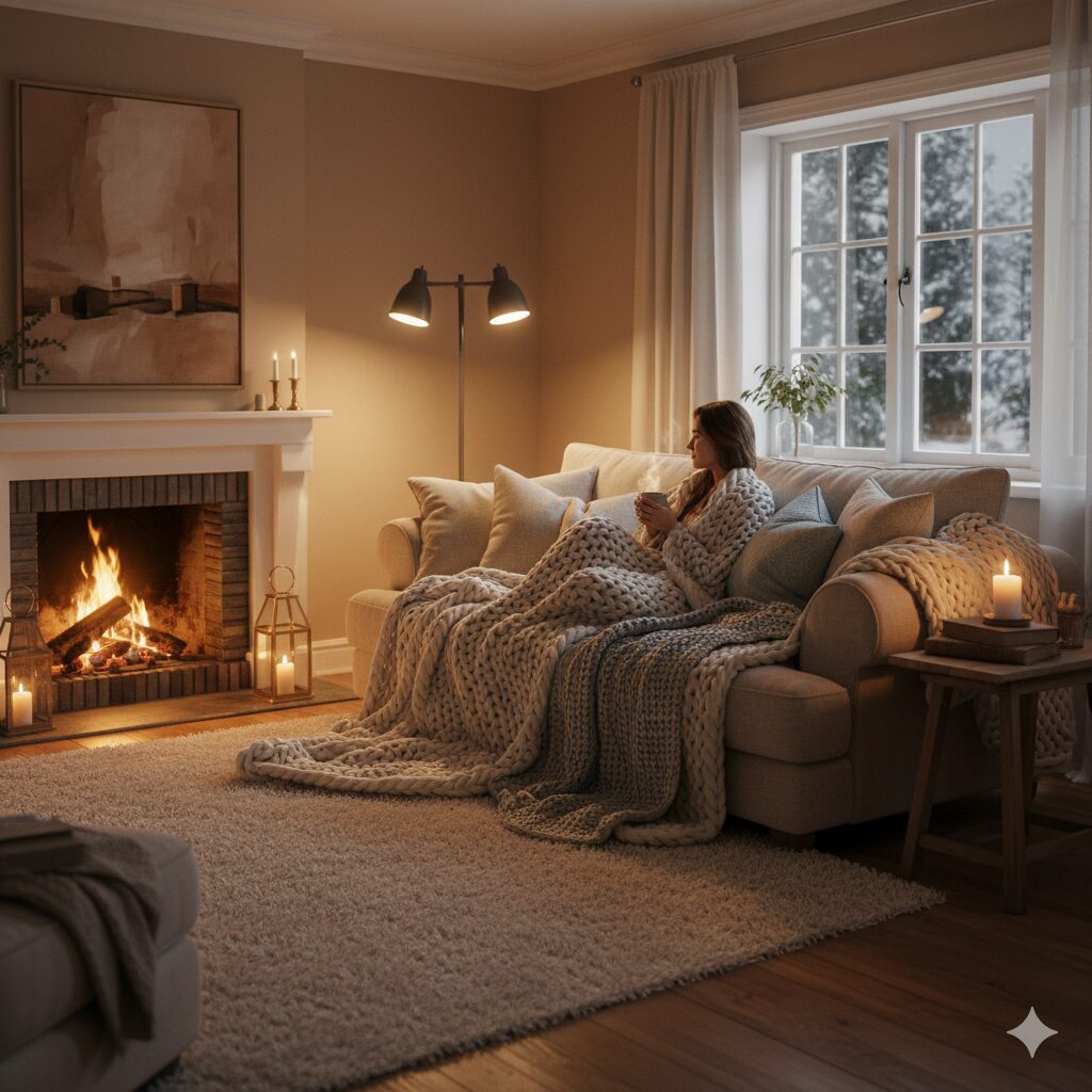 O Refúgio do Conforto. Uma mulher aconchegante em um cobertor grosso desfrutando de uma bebida quente ao lado de uma lareira acesa em uma noite de inverno.