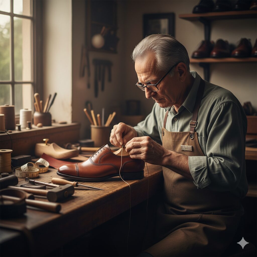 Um artesão sapateiro mais velho, com óculos e avental, costura à mão um sapato clássico de couro marrom, sentado numa bancada de trabalho numa oficina tradicional. O ícone 'Mis Agulhas' está no canto inferior direito.
