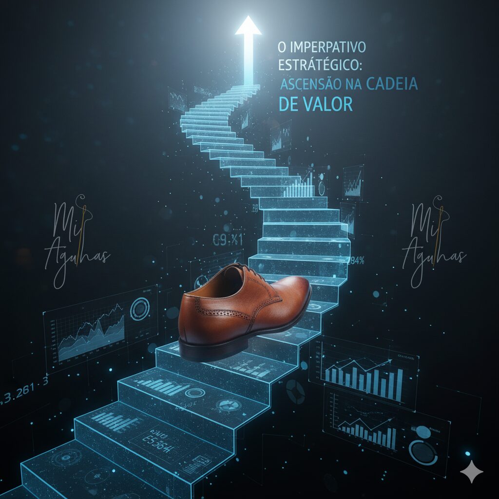 Aqui estão as informações para essa imagem:</p>
<p>Texto alternativo (Alt Text): "Um sapato social de couro marrom posicionado sobre uma escada digital e luminosa que sobe em direção a uma seta brilhante no topo. O fundo é escuro, com gráficos de dados holográficos. O texto 'O IMPERATIVO ESTRATÉGICO: ASCENSÃO NA CADEIA DE VALOR' está no topo. O logo 'Mis Agulhas' está nas laterais.