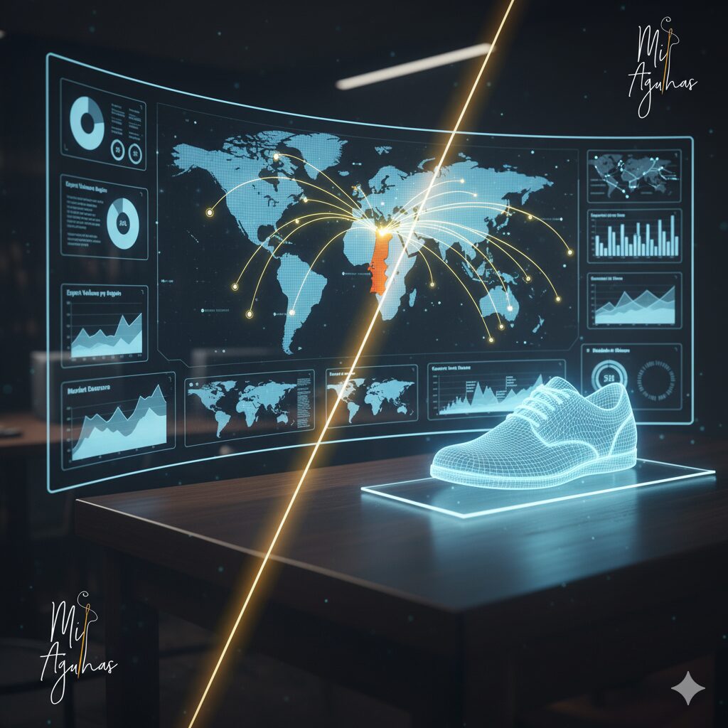 Um ecrã holográfico futurista exibe um mapa-múndi com Portugal destacado a laranja e linhas de exportação irradiando globalmente. Gráficos de dados e um modelo 3D 'wireframe' de um tênis completam a interface. O logo 'Mis Agulhas' está nos cantos.