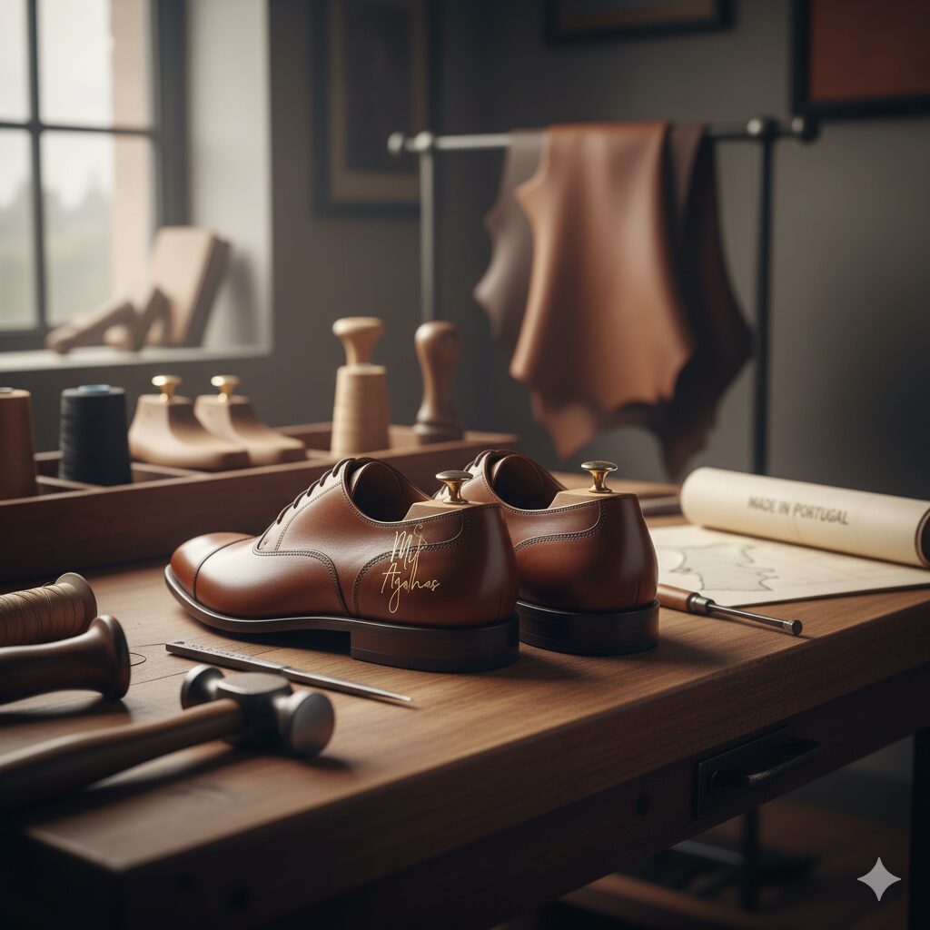 Um par de sapatos clássicos de couro marrom feitos à mão em uma bancada de trabalho de sapateiro. Ferramentas, formas de sapato e um rolo de papel com 'MADE IN PORTUGAL' são visíveis. O logo 'Mis Agulhas' está no sapato esquerdo e discretamente no canto inferior direito.